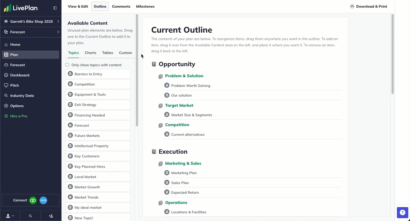dragging a topic to the plan outline and renaming