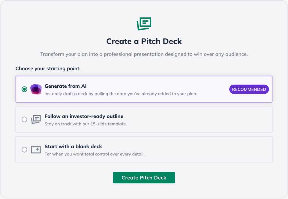 create a pitch deck 3 options