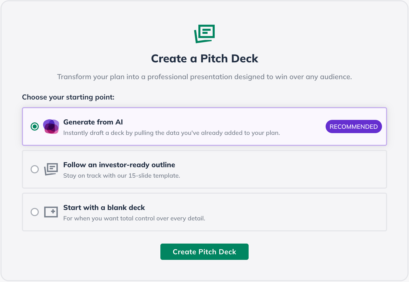create a pitch deck 3 options