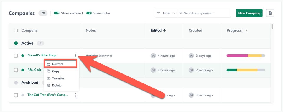 Image: company management menu detail with restore highlighted
