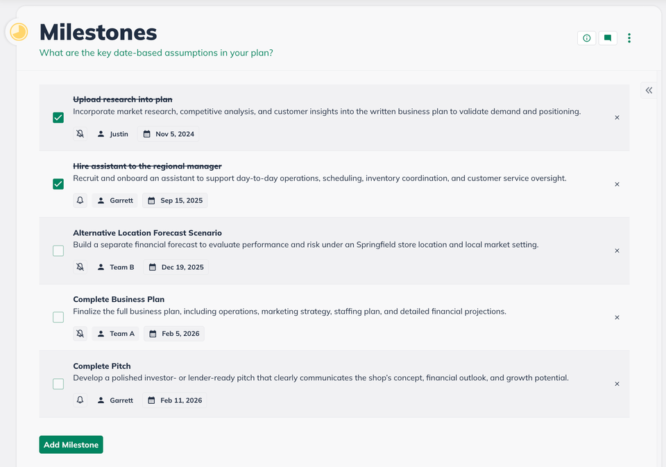 NUX - Milestone table