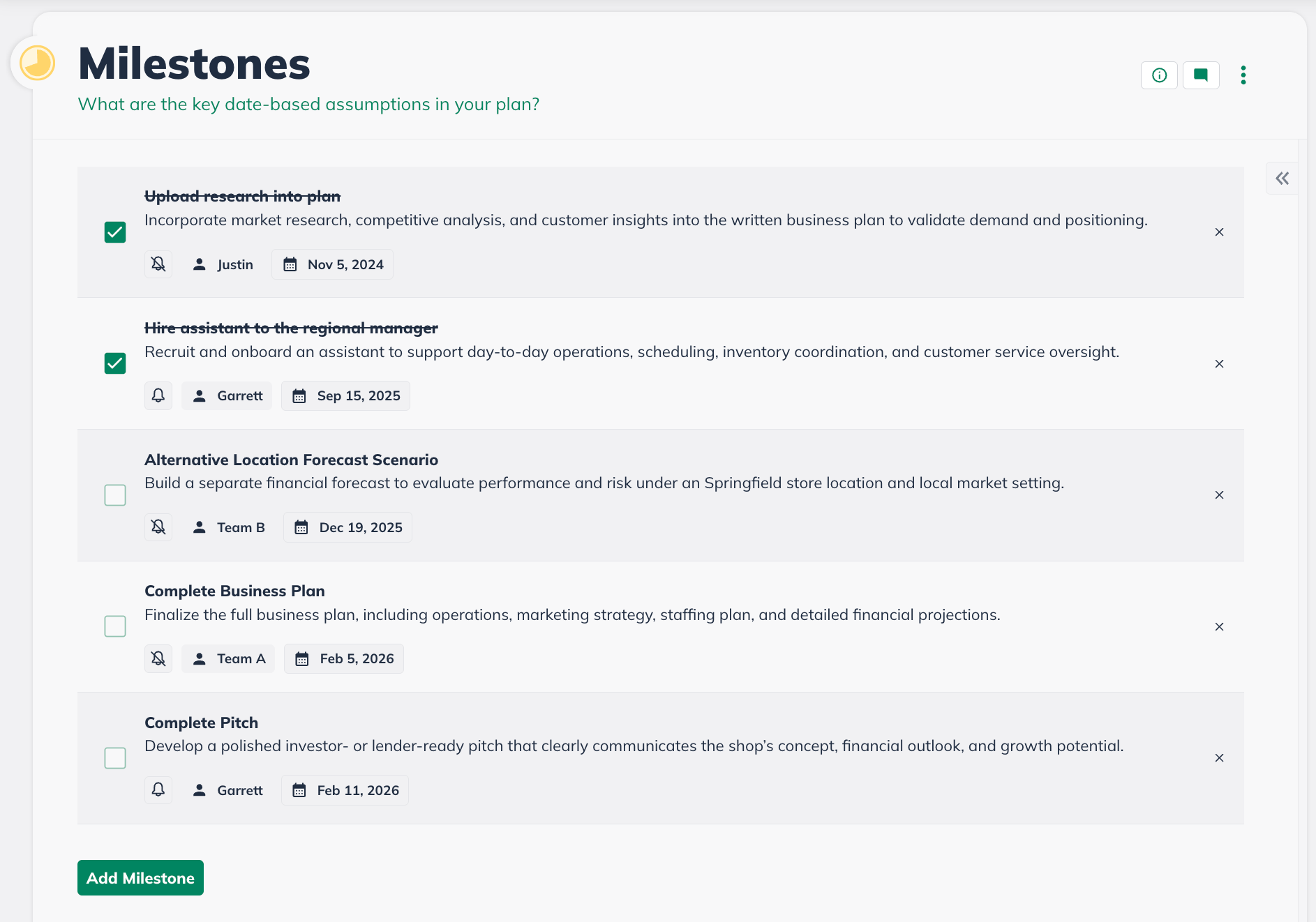 NUX - Milestone table