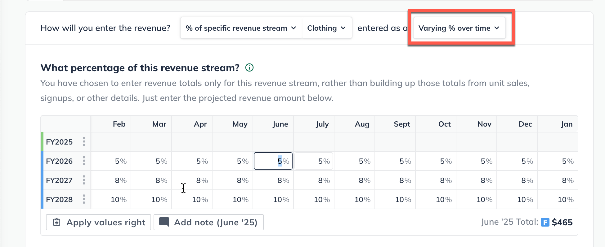 varying percentage of a revenue