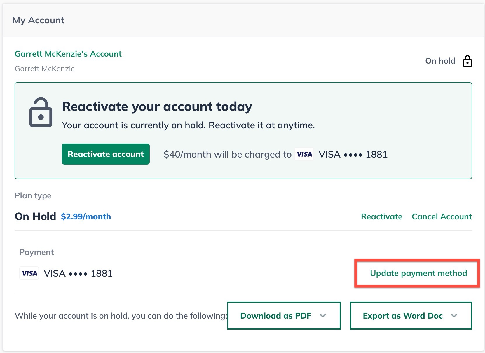 Image: account reactivation on hold update payment method