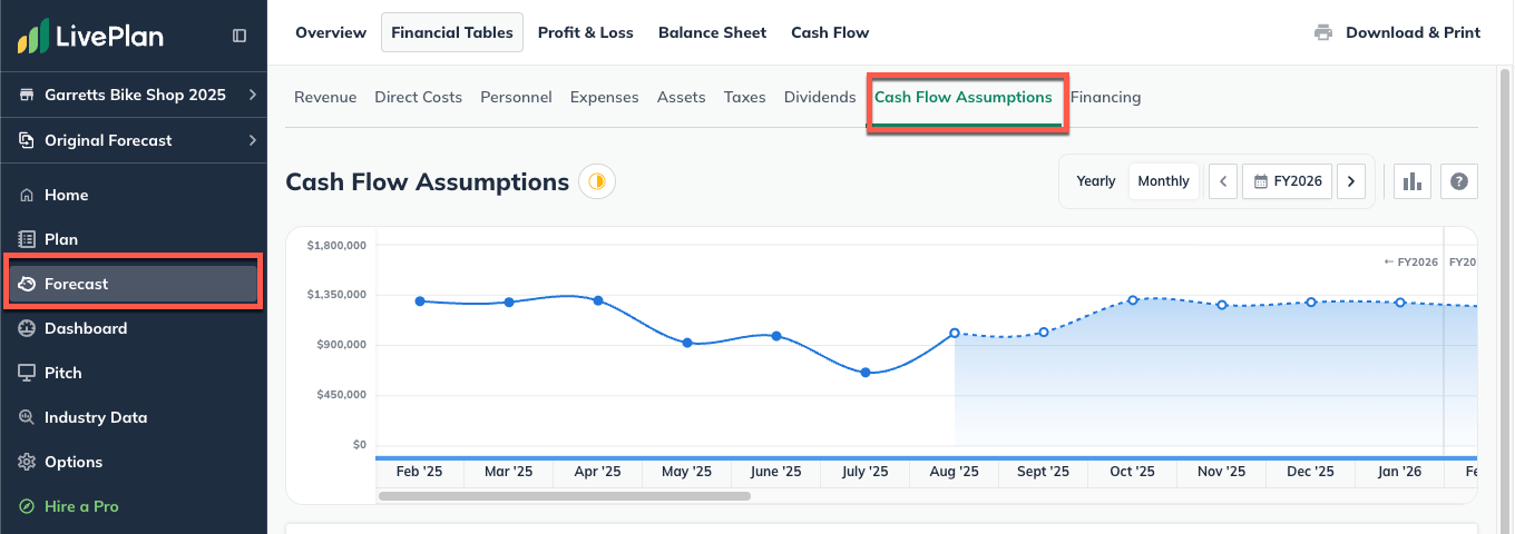 Image: forecast section cash flow assumptions highlighted 
