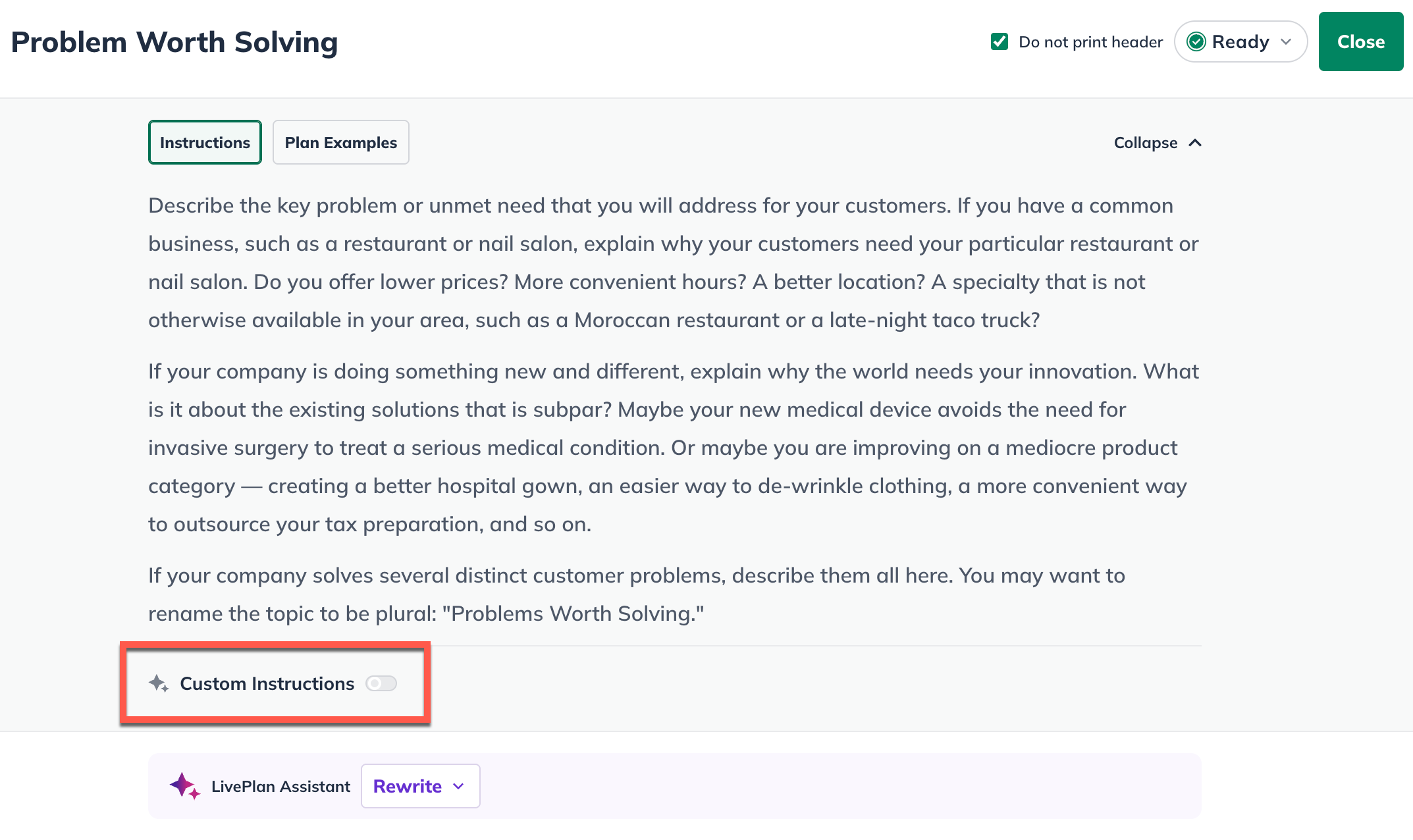 LivePlan Assistant custom instructions toggle below standard instruction