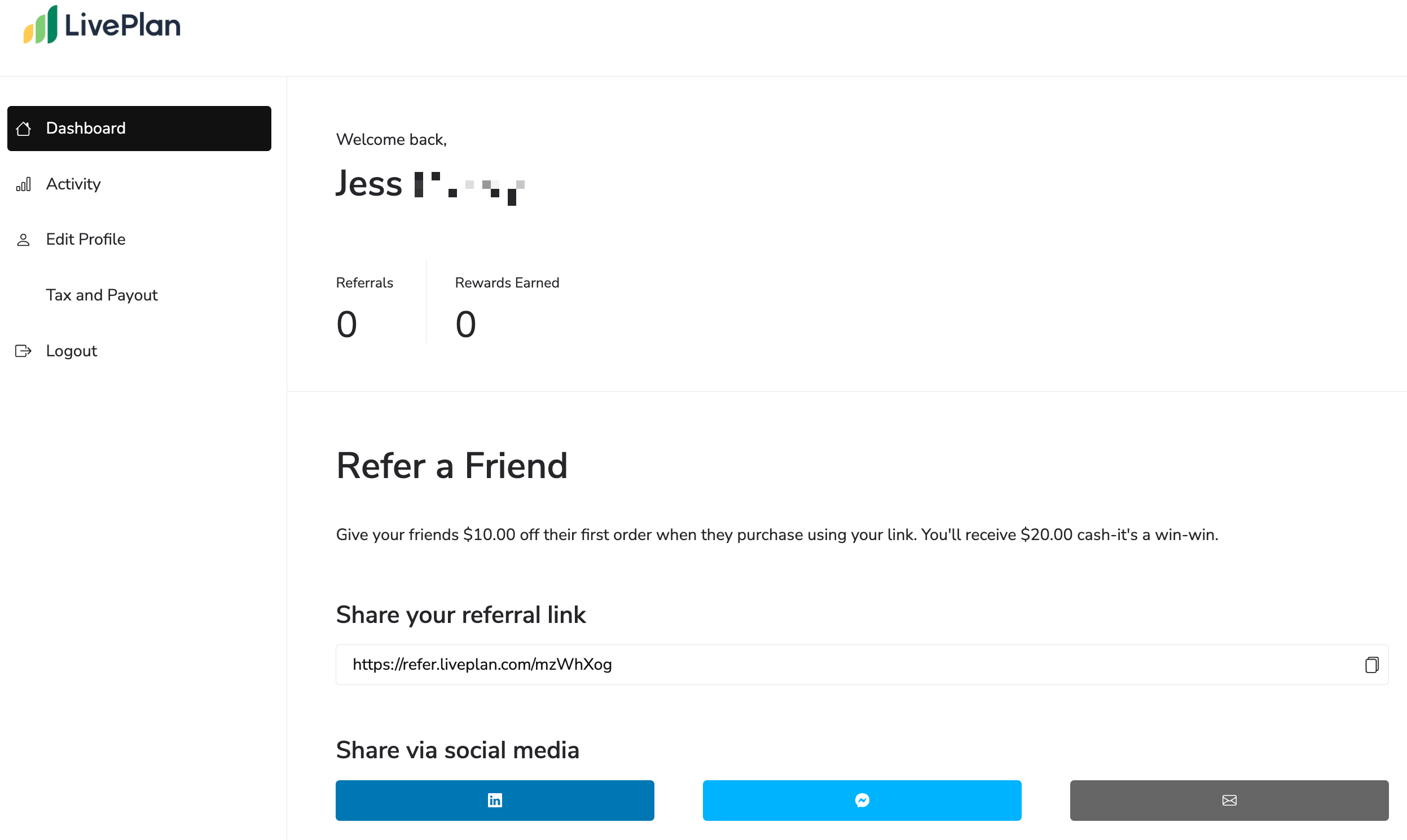 referral dashboard outside app