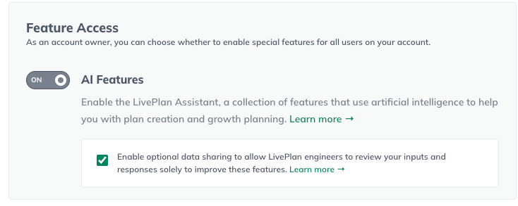 Image: feature access toggle liveplan assistant