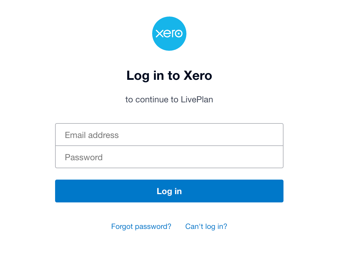 Image: xero login to liveplan