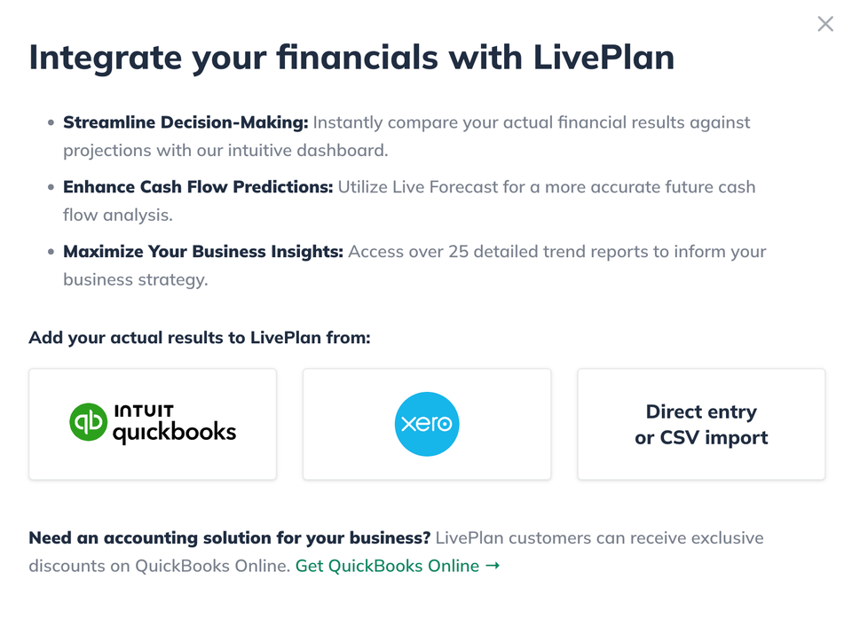 Image: integrate your financials with LivePlan pop up