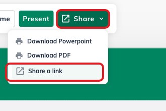 LivePlan Pitch Deck Share menu with Share a link highlighted.