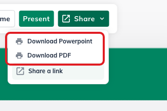 LivePlan Pitch Deck Share menu with Download Powerpoint and Download PDF highlighted.