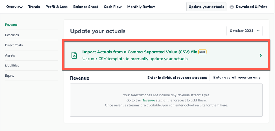 Image: import actuals from csv highlighted