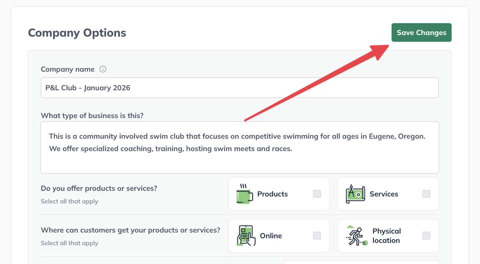 Image: save changes highlighted on company options menu