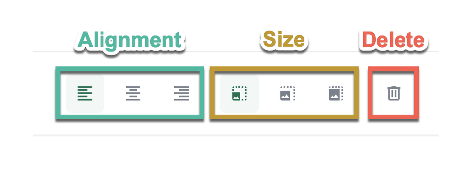 Image: image size and alignment toolbar with sections highlighted