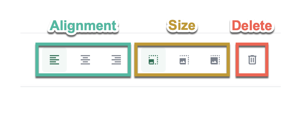 Image: image size and alignment toolbar with sections highlighted