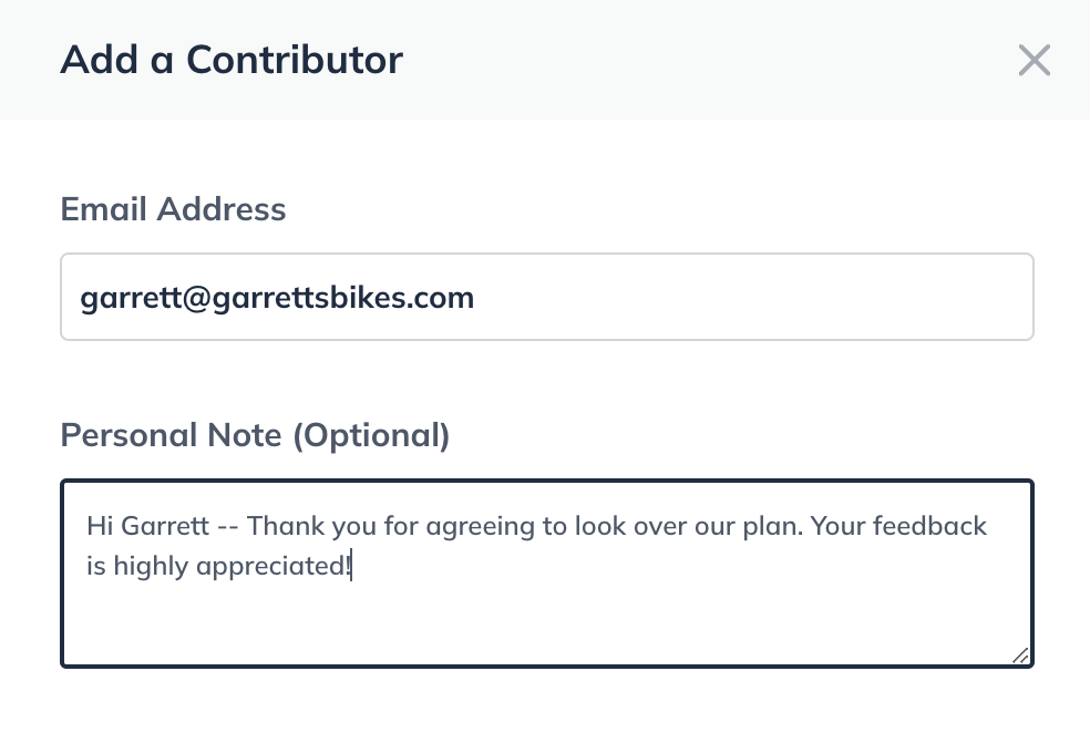 Image: add a contributor window with email and personal note