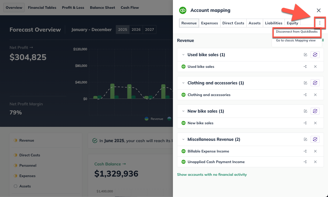 Image: disconnect from QBO highlighted on mapping screen