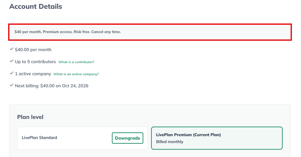 Image: Account details with LivePlan Premium highlighted