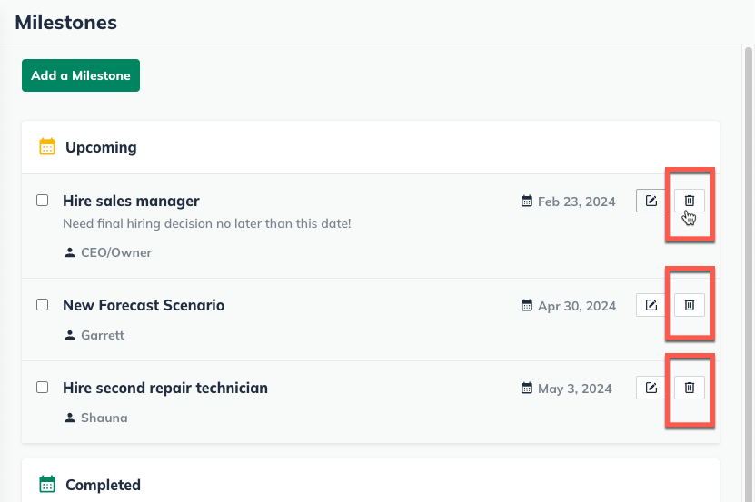 Image: milestones section with delete buttons highlighted