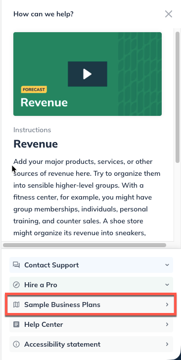 Sample business plans highlighted in liveplan learning menu