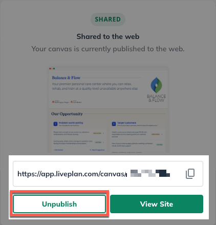 Idea Canvas - Share to web Unpublish