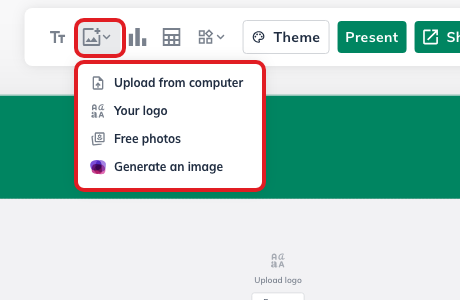 LivePlan Pitch Deck editor showing the image menu with upload, logo, free photos, and generate image options.