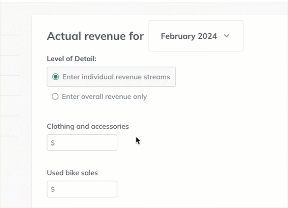Image: selecting individual or overall revenue streams manual actuals