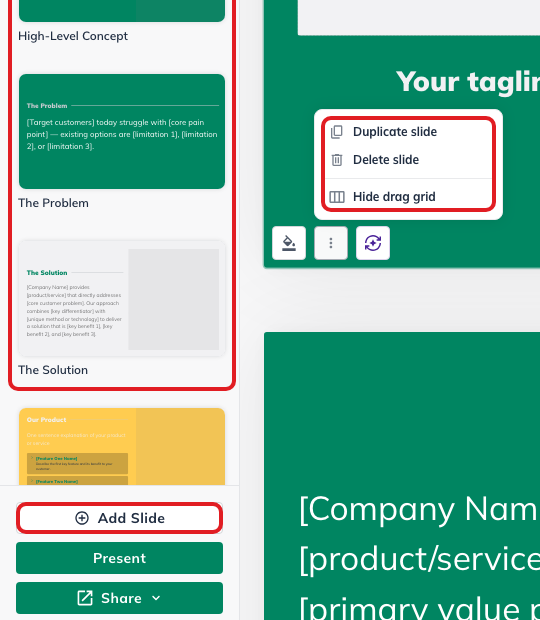 LivePlan Pitch Deck editor showing slide thumbnails, Add Slide, and the duplicate, delete, and hide drag grid controls.