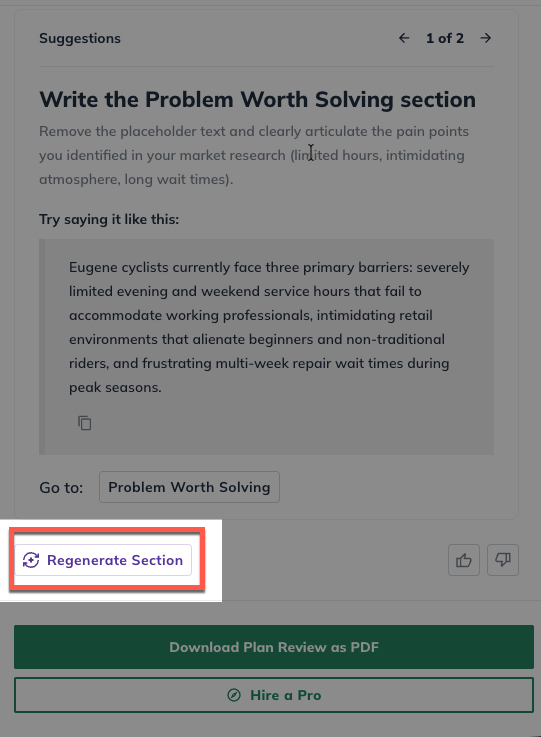 NUX - Plan Review Regenerate Section