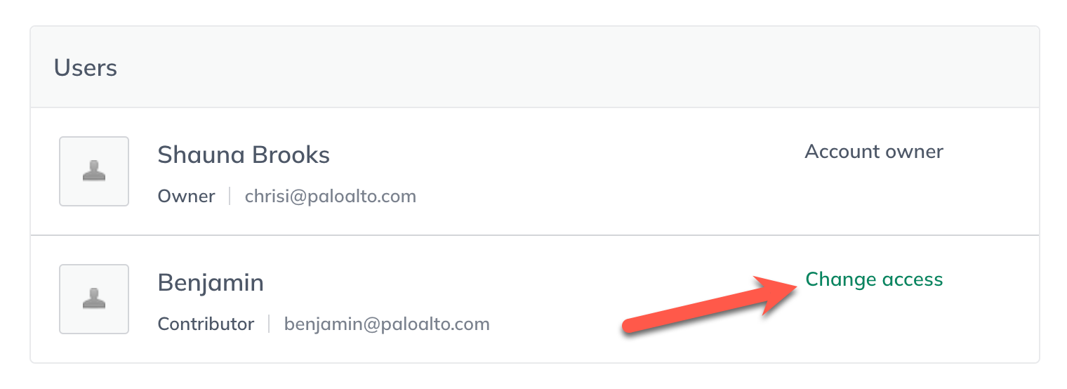 Image: users menu with arrow pointing to change access