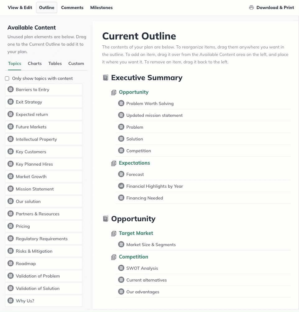 Image: adding available content from the sidebar plan section