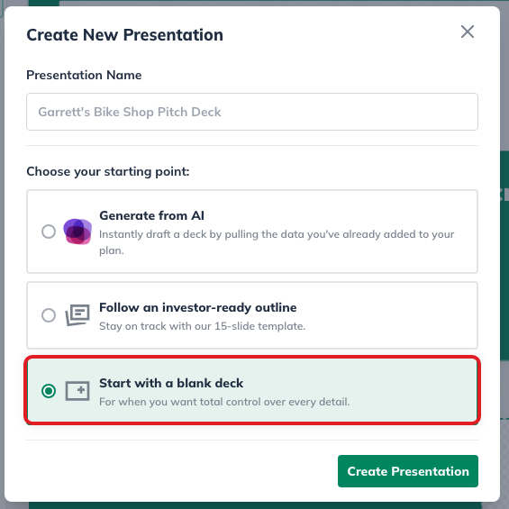 LivePlan Create New Presentation dialog with Start with a blank deck selected.