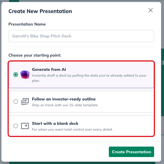 LivePlan Create New Presentation dialog showing Generate from AI, Follow an investor-ready outline, and Start with a blank deck options.
