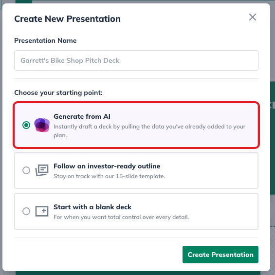 LivePlan Create New Presentation dialog with Generate from AI selected.