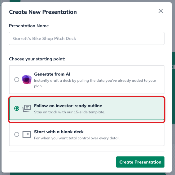 LivePlan Create New Presentation dialog with Follow an investor-ready outline selected.