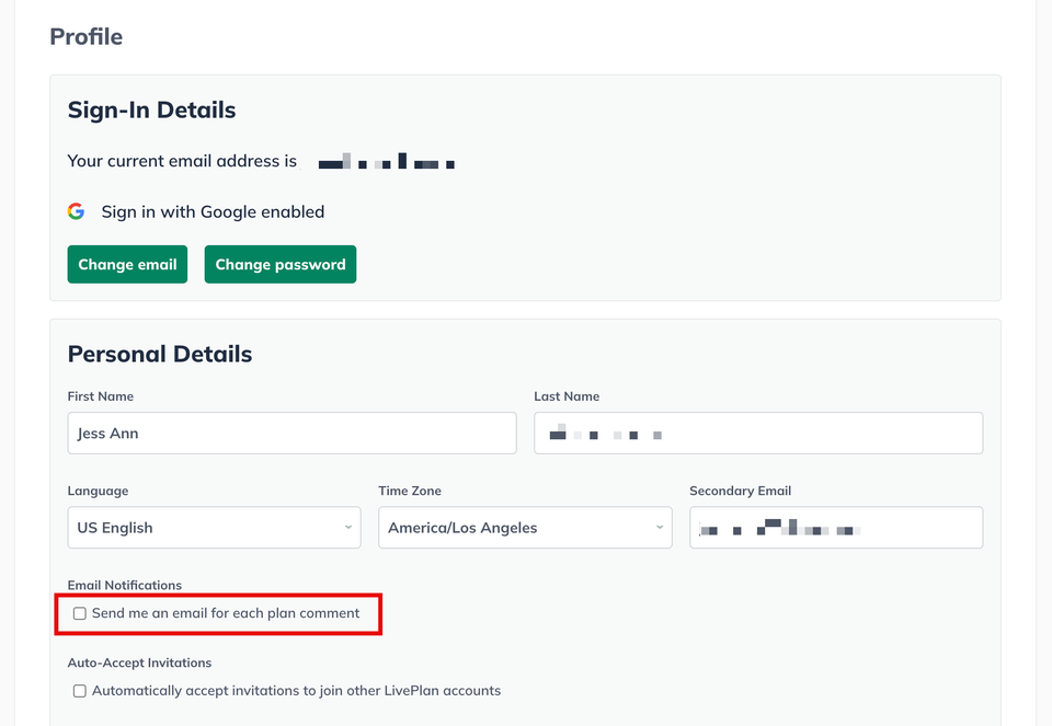 Image: email notification highlighted on personal details
