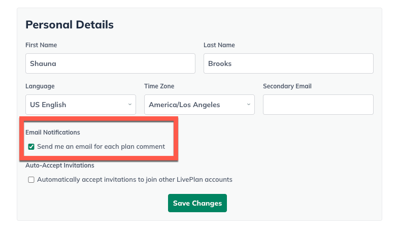 Image: email notification highlighted on personal details