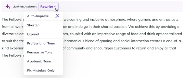 LivePlan assistant plan rewrite dropdown