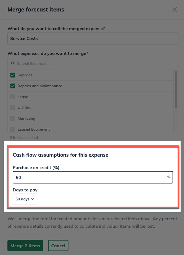 Merge Cash Flow Assumptions