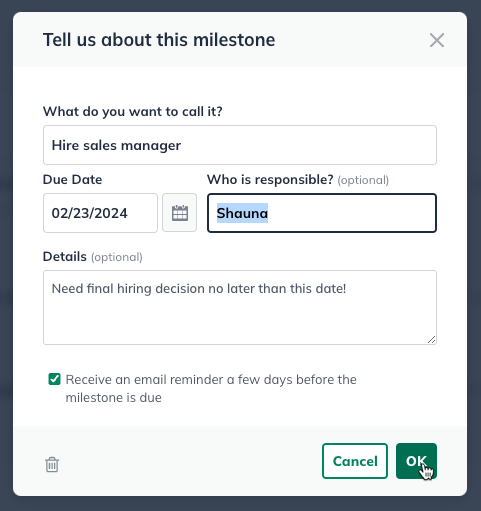 Image: editing a milestone entry with OK highlighted