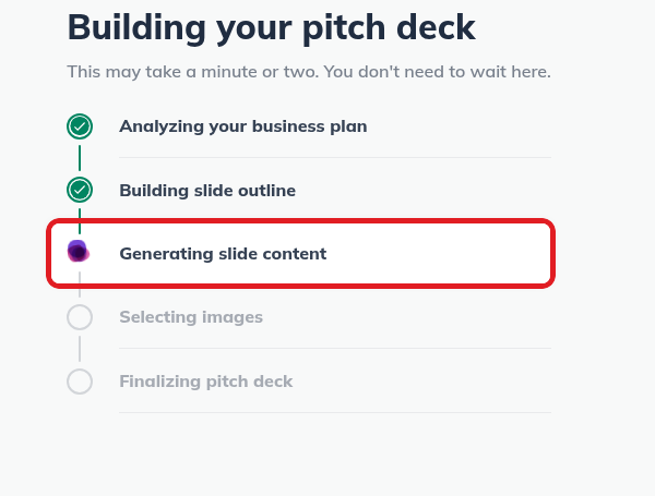 LivePlan Building your pitch deck progress screen with Generating slide content highlighted.