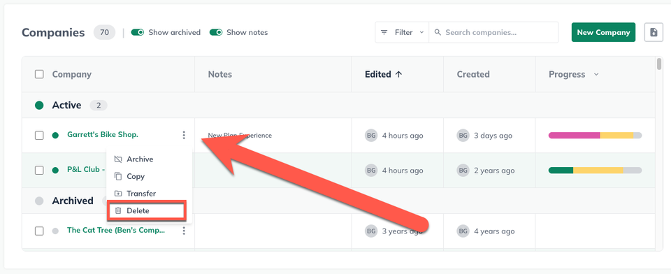Image: company management screen with delete highlighted