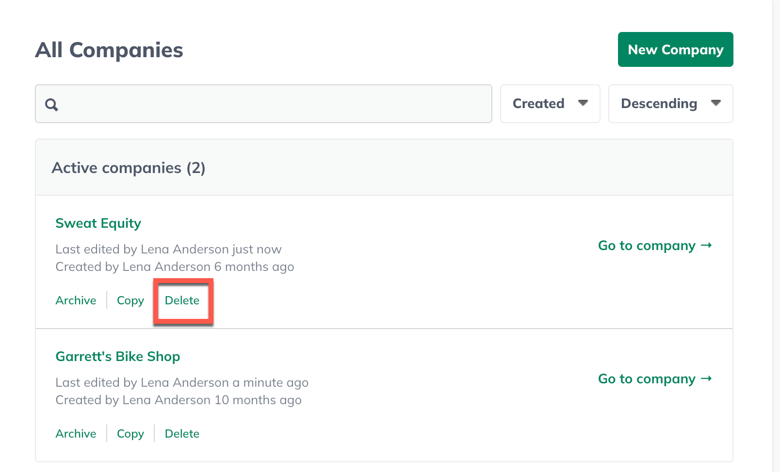 Image: company management screen with delete highlighted