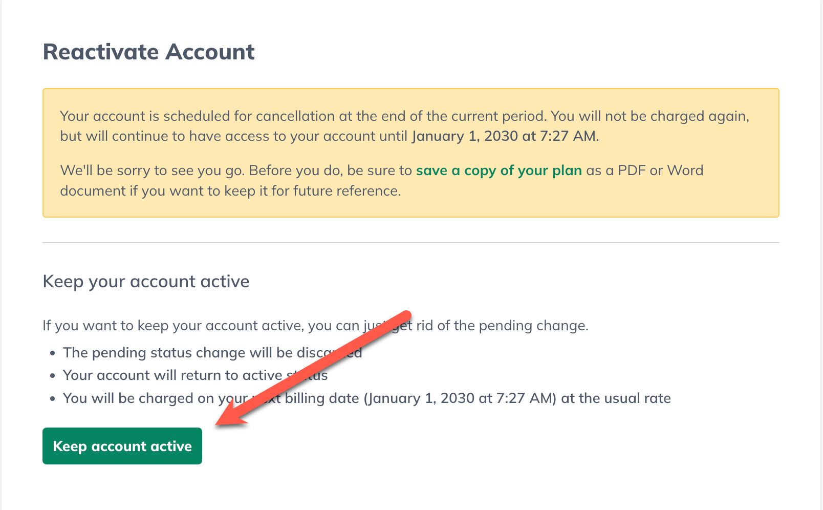 Image: reactivate account screen with arrow pointing to keep account active button