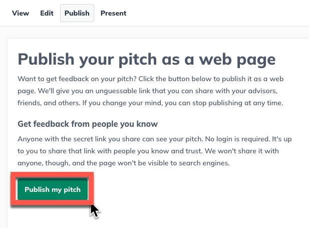 Web page interface showing a "Publish my pitch" button highlighted in red, with a cursor pointing at it.