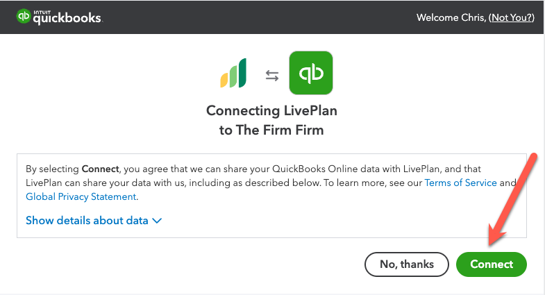 Image: connect to accounting highlighted