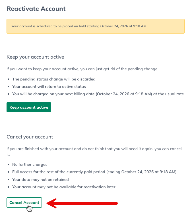 Image: reactivate screen cancel account