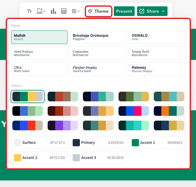 LivePlan Pitch Deck editor showing the Theme menu with font and color controls.