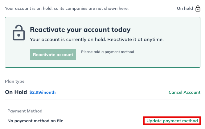 my account on hold with update payment method highlighted